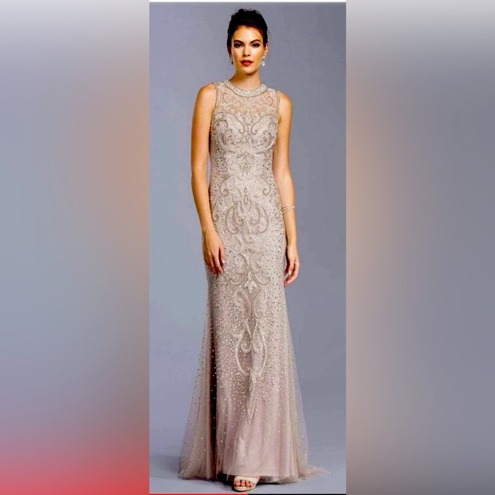Gorgeous beaded sheath gown, silver, size 4.